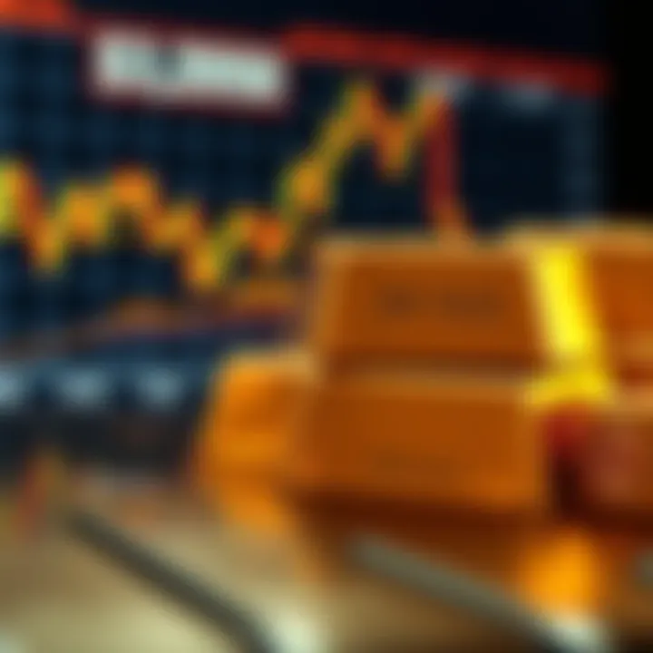 A close-up of gold bars stacked together with a chart showing rising prices in the background.