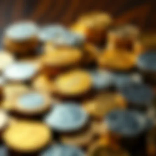 A collection of gold and silver coins and bars displayed on a table, highlighting their shiny surfaces and unique designs.