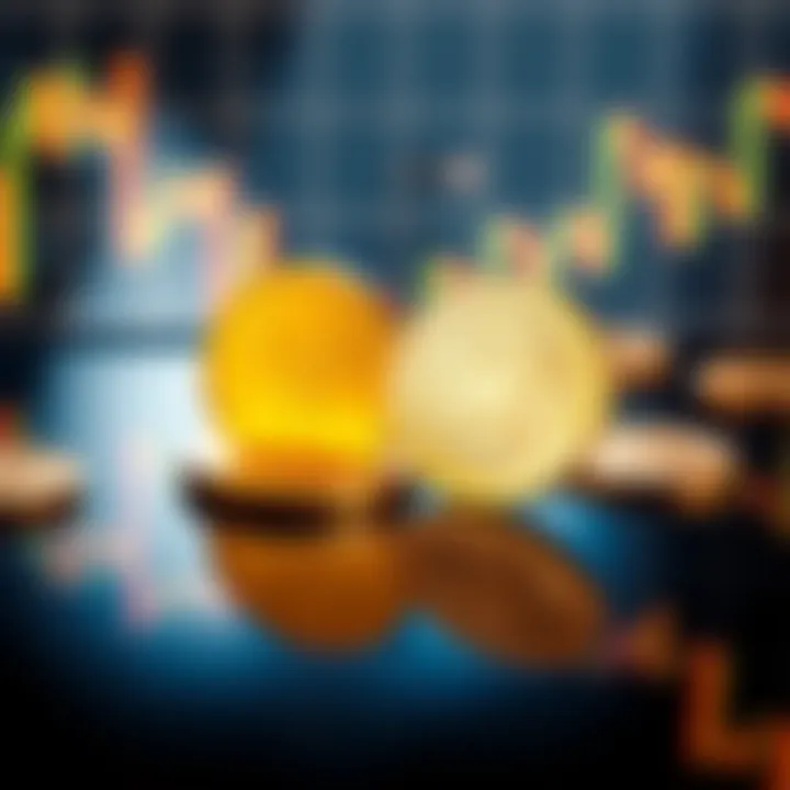 Gold coins and an XRP token on a graph depicting market decline and rise