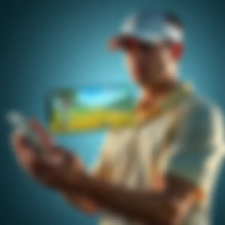 A golfer looking frustrated while holding a smartphone, showing a lagging golf game on the screen