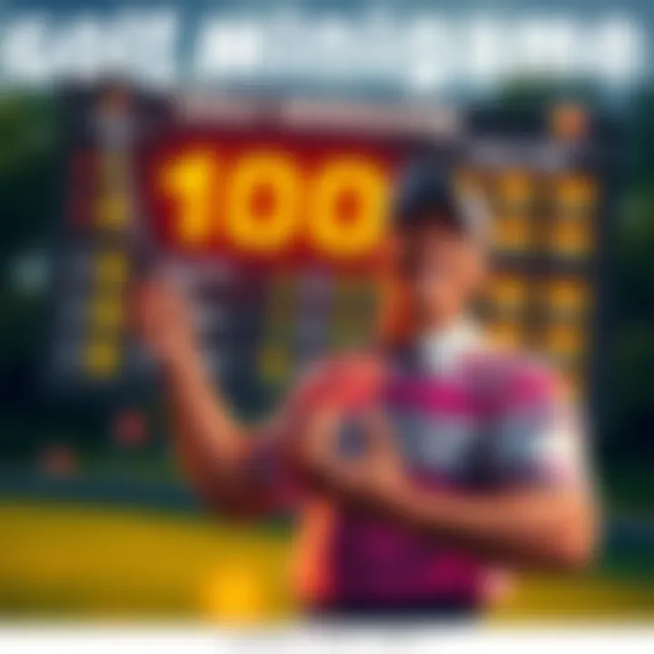 A player celebrating after reaching the Top 100 in a golf minigame, holding a golf club and smiling, with a scoreboard in the background showing their ranking.