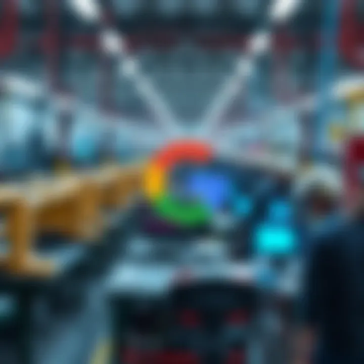 A graphic showing Google logo with a backdrop of AI workers in a factory setting, representing investment in workforce training.