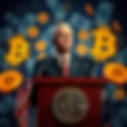 A government official at a podium claims Bitcoin is a scam, with traditional currency symbols in the background