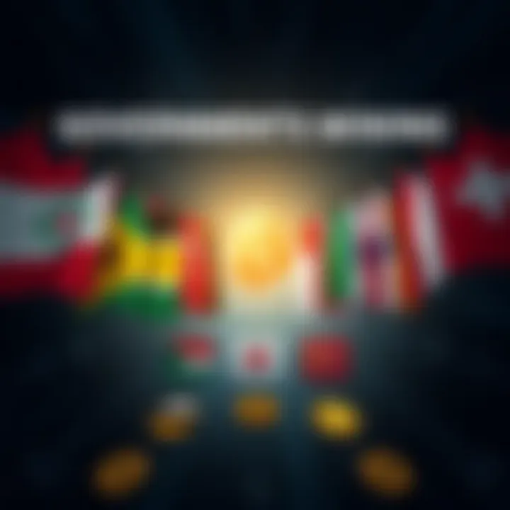 A graphic showing multiple flags representing different countries with Bitcoin symbols, highlighting governments involved in Bitcoin mining.