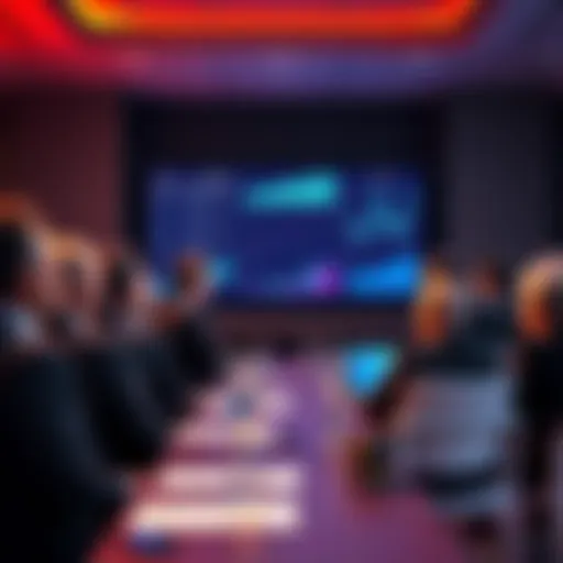 A group of people in suits discussing Chainlink technology at a conference, with charts and graphs displayed on a screen in the background.