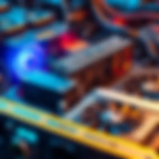 A close-up view of powerful GPUs used in cryptocurrency mining, surrounded by ASIC miners that are facing failures.