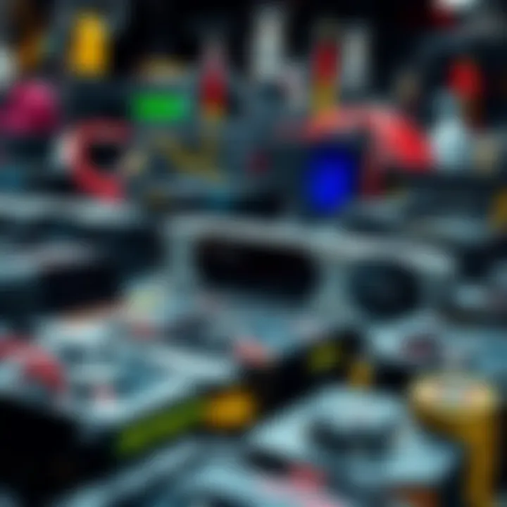 Used graphics processing units displayed for sale, showcasing various models, with a backdrop of mining equipment and tools.