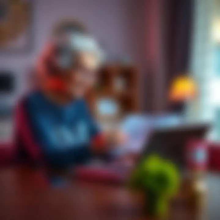 Grandchild explaining crypto investment to grandma A grandchild sits at a table with their grandma, showing her charts on a laptop about safer cryptocurrency investments instead of XRP, looking concerned but supportive.