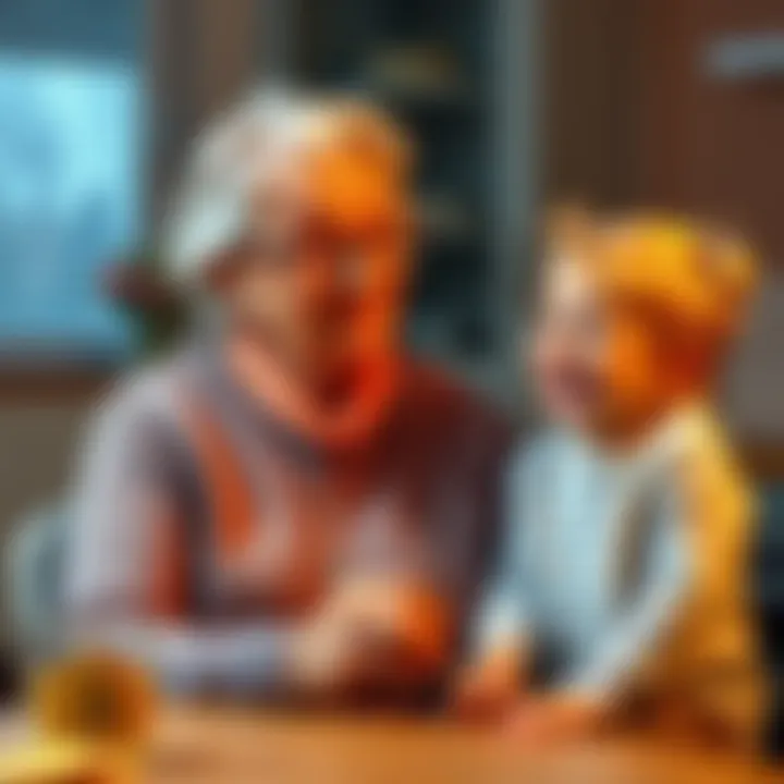 A grandmother sitting in her kitchen, humorously mistaking Bitcoin for a celebrity, while her grandchild laughs beside her.