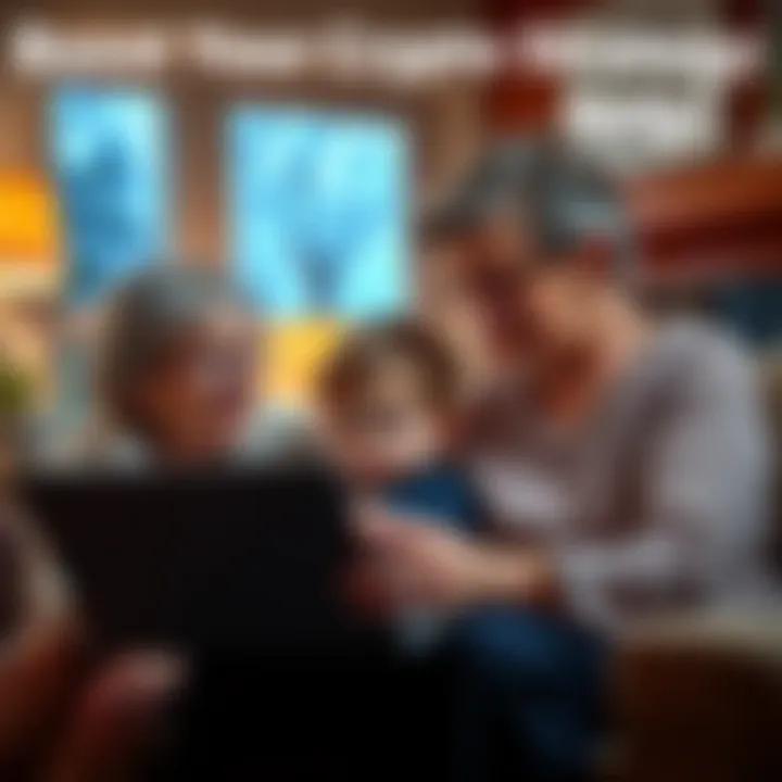 A grandmother and her grandchild looking at a laptop, discussing cryptocurrency strategies together in a cozy living room.