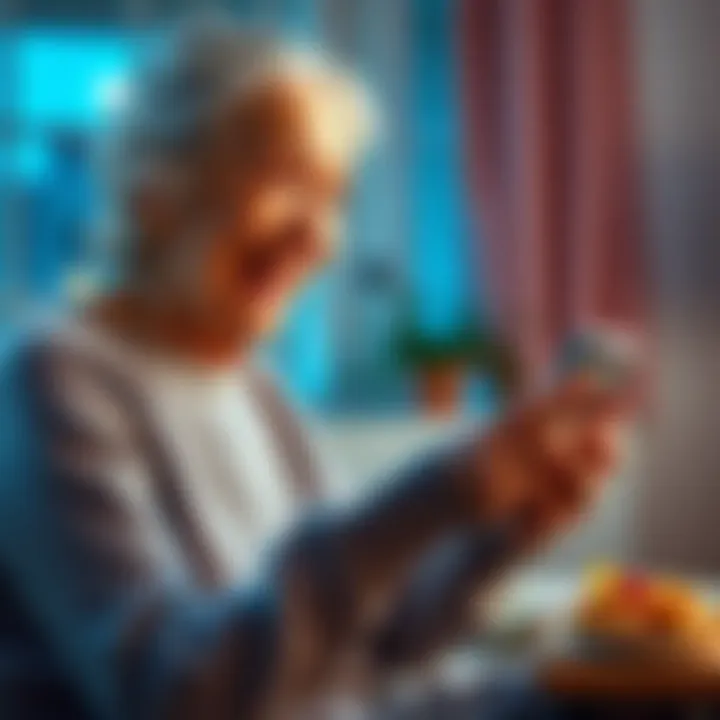 An elderly woman happily using her smartphone to make a mobile money transfer at home
