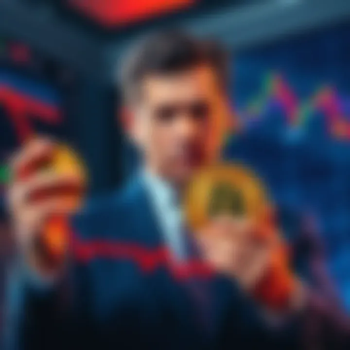 Grant Cardone sells Bitcoin Grant Cardone with a disappointed expression, holding a Bitcoin symbol while looking at a stock market chart showing a decline