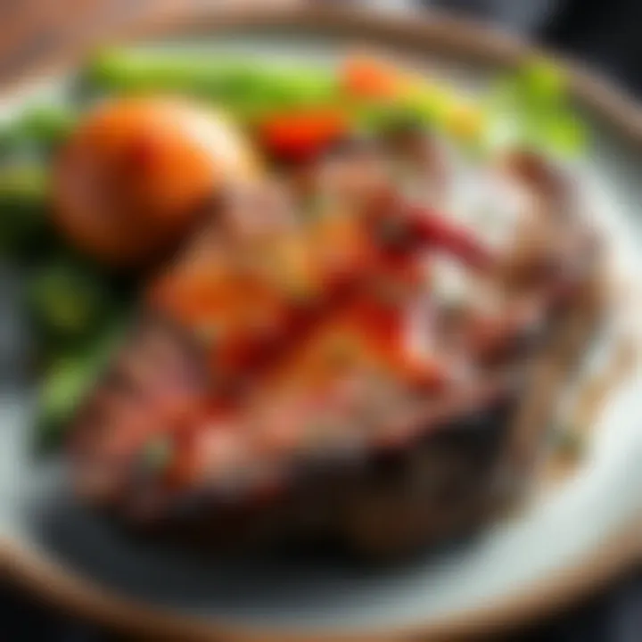 A close-up of a juicy, perfectly cooked grass-fed steak served on a plate with a side of green vegetables.