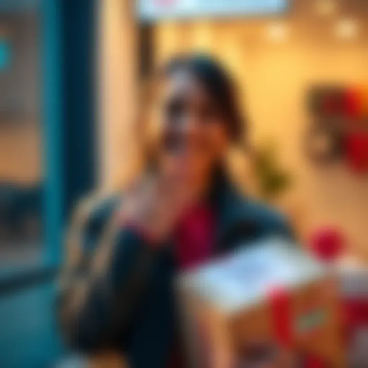 A person with a joyful expression holding a recently delivered package with a thank you note.