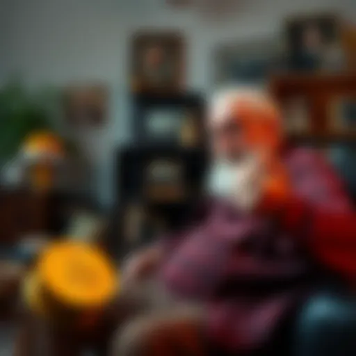 A great grandfather expresses his opinion on Bitcoin, sitting in a cozy living room with old photographs around him.