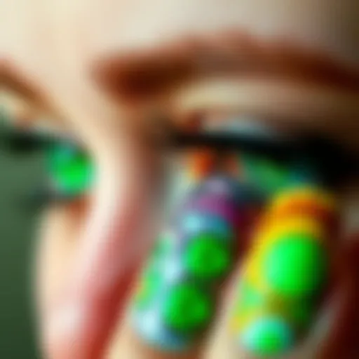 A close-up of vibrant green-eyed nail art reflecting hypomanic creativity, with bold colors and artistic designs