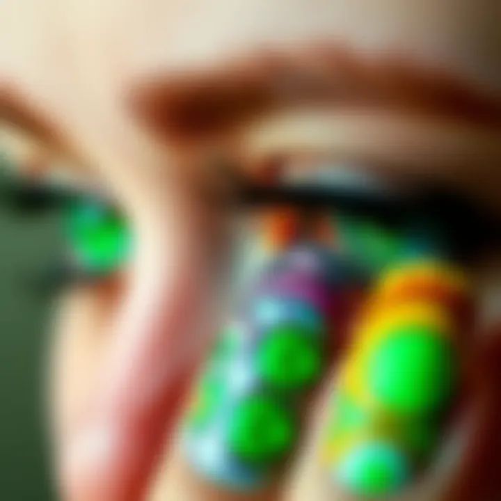 A close-up of vibrant green-eyed nail art reflecting hypomanic creativity, with bold colors and artistic designs