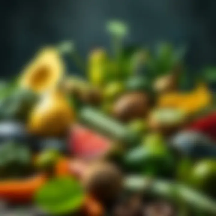A colorful arrangement of green foods like avocados and kiwis alongside images of green wildlife such as turtles and plants.