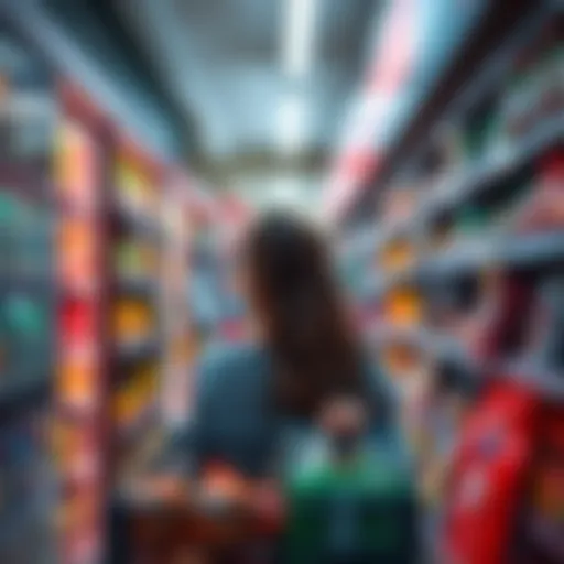 A shopper looking at high-priced items in a grocery store aisle, reflecting ongoing inflation concerns.