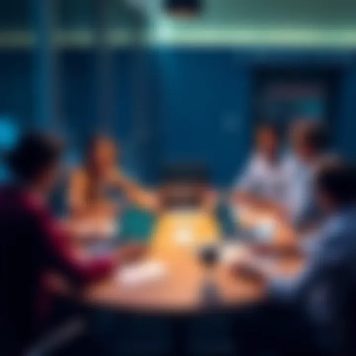 A diverse group of people discussing Ethereum at a round table with laptops and papers.