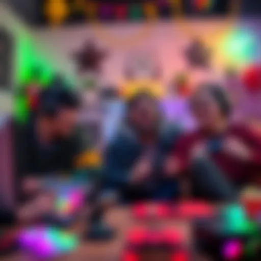 A diverse group of gamers sharing a moment of joy while playing together, surrounded by colorful decor representing the gaming culture and LGBTQ+ pride.