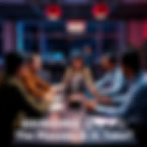 A group of diverse people sitting around a table, discussing decentralized finance concepts with laptops and notepads.