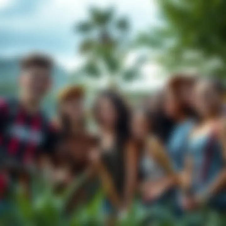 A diverse group of people gathered outdoors, smiling and engaging in a fun activity together, showcasing the spirit of community and friendship.