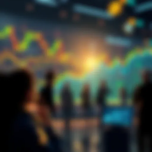 People exploring cryptocurrency opportunities with charts and digital coins in the background