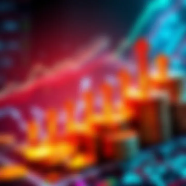 A graphic showing rising cryptocurrency values with upward arrows and coins, symbolizing growth and investment trends.