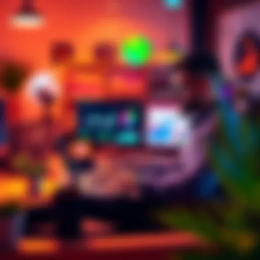 A remote worker on a laptop, analyzing marketing data with charts, showcasing innovation in a vibrant workspace