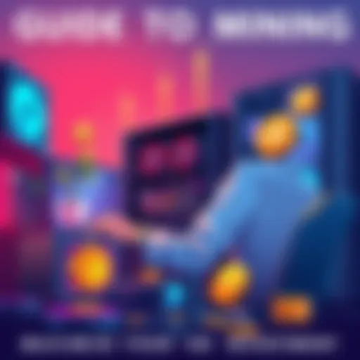 An illustration of a person setting up a mining rig with computer hardware and cryptocurrency symbols around, representing a $4,000 investment in mining.