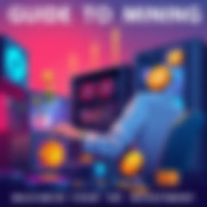 An illustration of a person setting up a mining rig with computer hardware and cryptocurrency symbols around, representing a $4,000 investment in mining.