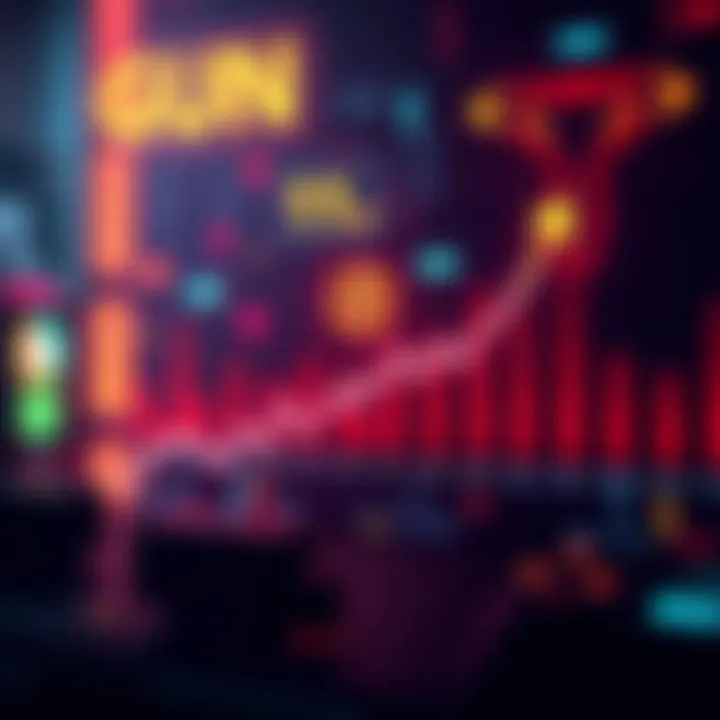 A graph showing a sharp increase in the price of the GUN token with a backdrop of digital gaming elements, symbolizing its connection to the Web3 game Off The Grid.