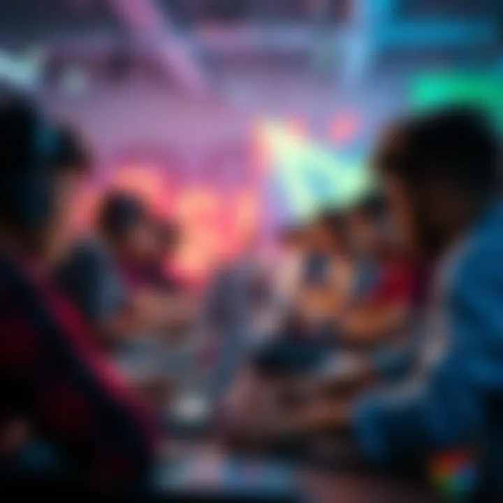 Group of college students working on laptops at a hackathon with Google for Developers branding