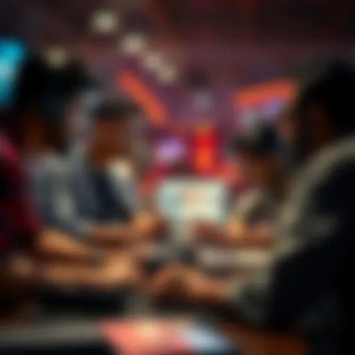 A group of developers working together at a hackathon in Lucknow, discussing ideas and coding on laptops.