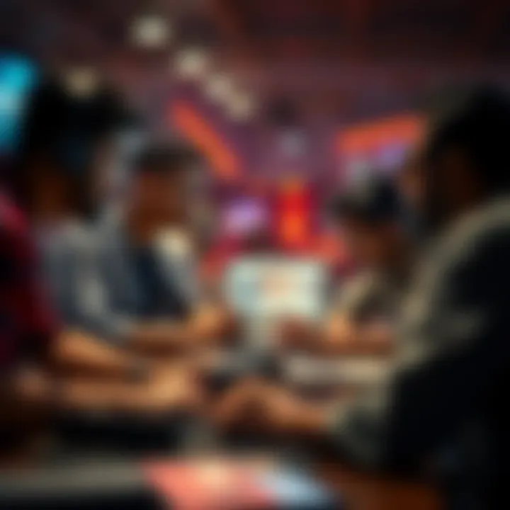 A group of developers working together at a hackathon in Lucknow, discussing ideas and coding on laptops.