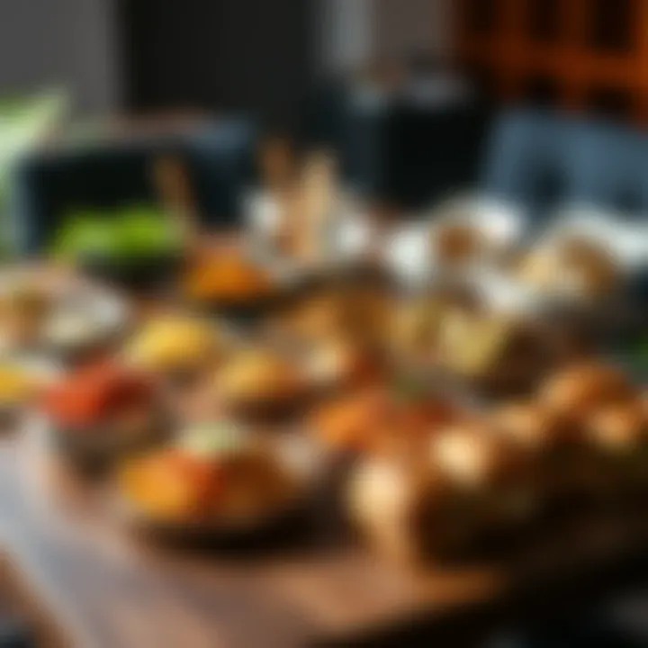 A table filled with various affordable meal options like pasta, rice bowls, and sandwiches, suitable for a large gathering of participants at a hackathon.