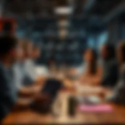 A group of diverse people brainstorming ideas for a hackathon, sitting at a table with laptops and notes.