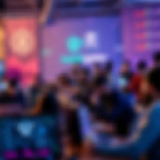 A group of people working together on laptops at a hackathon in Bangalore, with a focus on coding and collaboration, surrounded by tech-related banners.