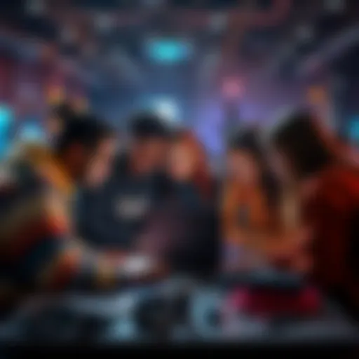 A group of diverse students gathered around laptops, collaborating during a hackathon, with focus on coding and project planning.