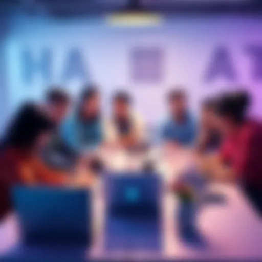 A diverse group of individuals gathered around a table, brainstorming ideas for a hackathon, with laptops and notes in front of them.