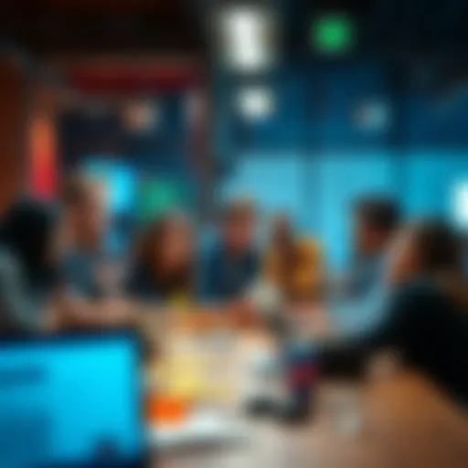 A diverse group of teammates brainstorming ideas at a hackathon, featuring laptops and sticky notes on a table.