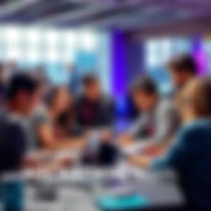 A diverse group of people collaborating on a project at a hackathon event in Greater Noida, with laptops and brainstorming materials