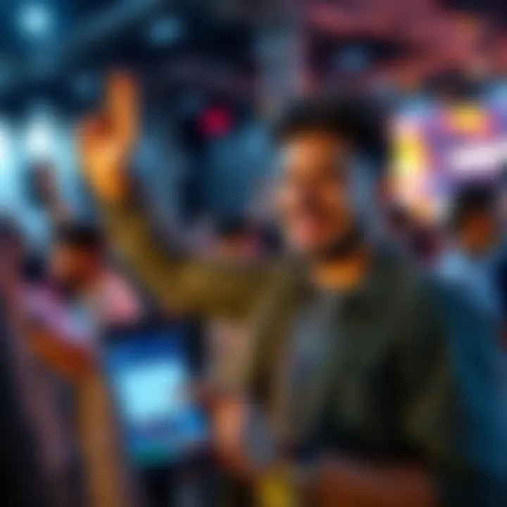 A participant celebrating at a hackathon with an Android device showing their offline BLE messaging app interface.