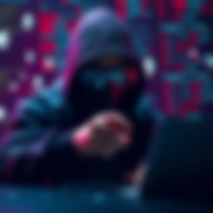 A hacker manipulating code represents stolen funds and fake stablecoins, with Ethereum symbols in the background.