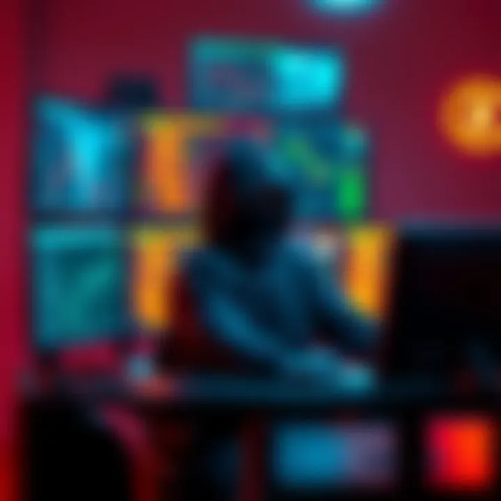 A hacker sitting at a computer, looking at multiple screens displaying cryptography and Bitcoin transactions.