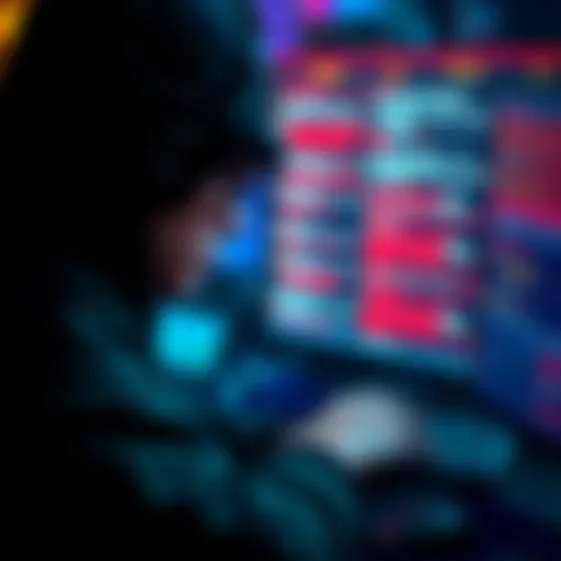 A hacker looking at a computer screen filled with messages suggesting their location has been found, reflecting concern and curiosity.
