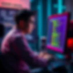 A researcher sitting at a computer with code on the screen, simulating a hack into a Bitcoin server, representing a security breach in digital currency.