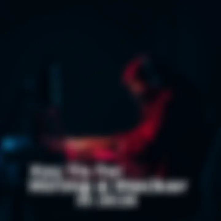 A hacker sitting at a desk with a laptop, focused on the screen in a dimly lit room, with code on the monitor