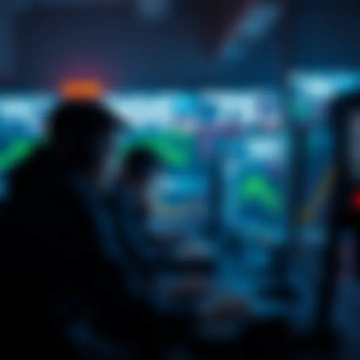 Group of hackers intensely focused on multiple screens showing different games being played simultaneously